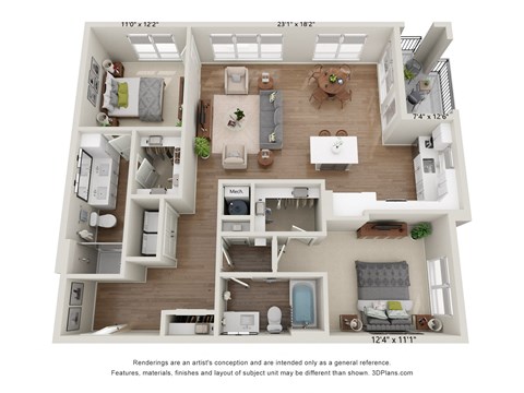 Floor plan for 2 beds, 2 baths, 1300 sqft